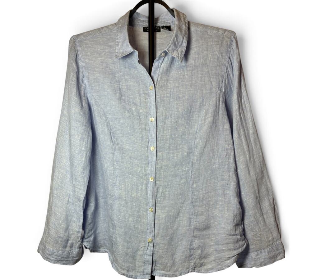 Tahari 100% Linen Light Blue Button Down Shirt Top Blouse